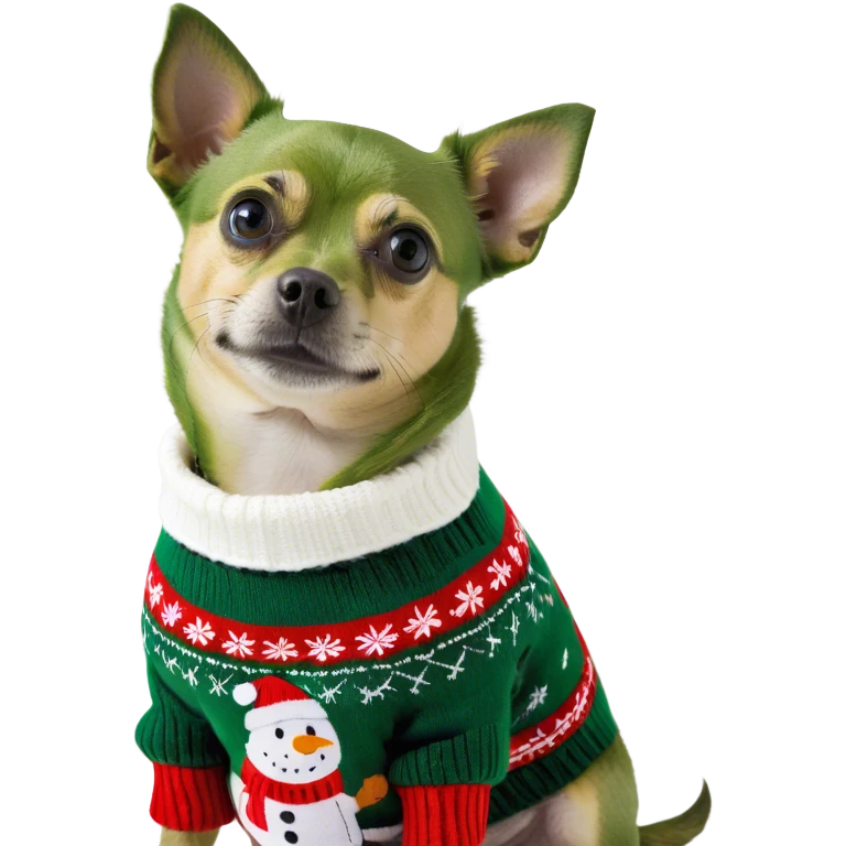 Black and white small dog wearing Christmas sweater emoji