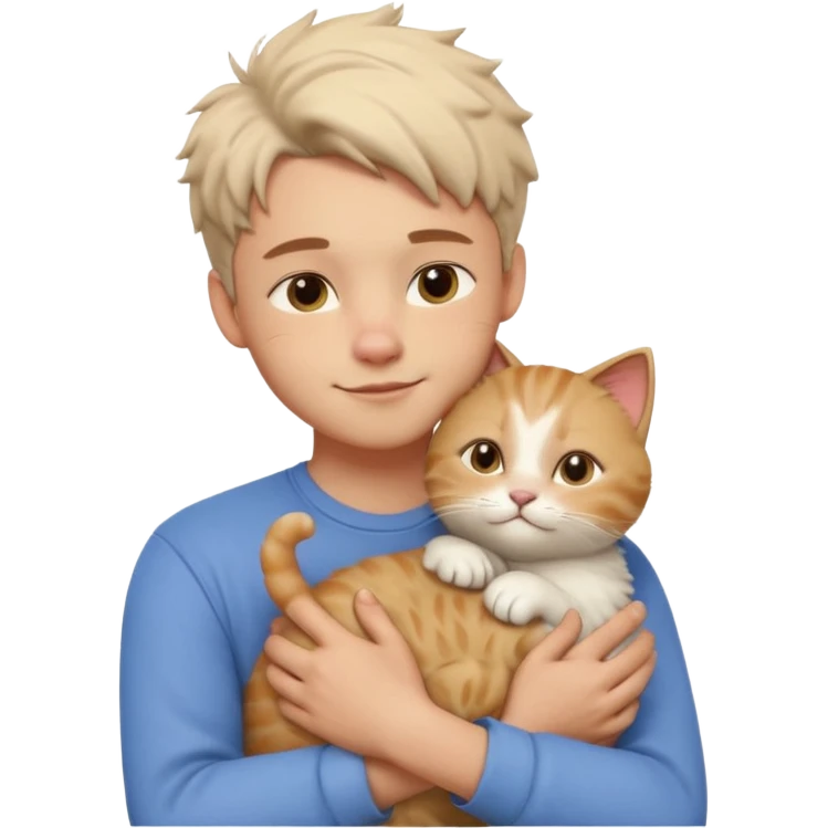 "Apple Memoji style 3D character, a young man person gently petting and hugging a cute fluffy cat, peaceful and happy facial expressions, soft studio lighting, clean 3D clay render, vibrant colors, minimalist aesthetic, high detail, high resolution, isolated on a plain white background." emoji