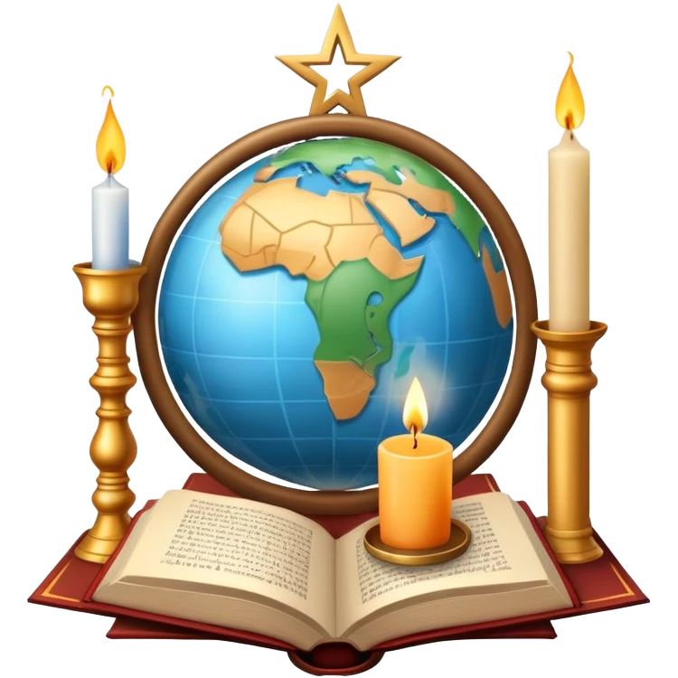 An icon featuring a holy book, a candle, a cross, and Islamic crescent and star, alongside a Buddhist wheel of Dharma, symbolizing religious studies. The design includes a globe with these symbols, representing the diversity of beliefs. Transparent background  emoji