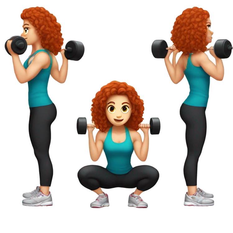 Sporty white Girl coach with long curly red hair doing squat with heavy weights emoji