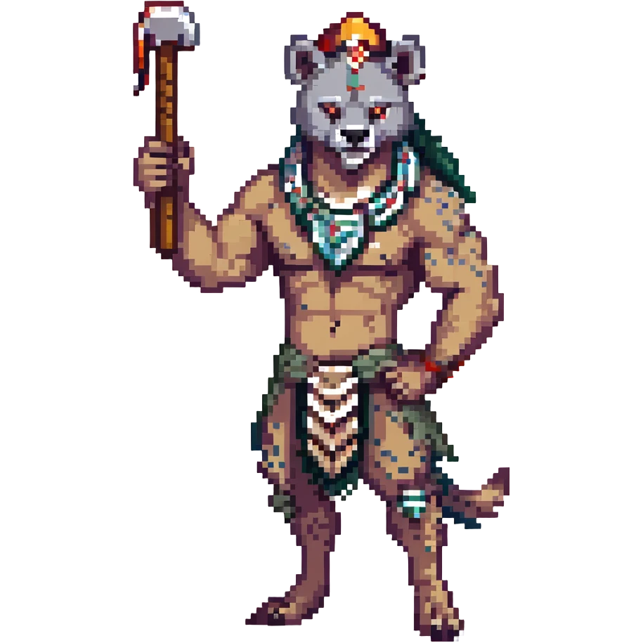 A native strong buff hyena with war bonnet flexing posing full body holding a chopped off human head by the hair  emoji
