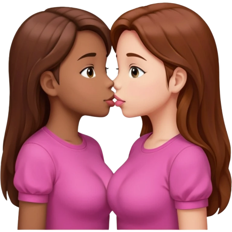 two 5 year old gals about to kiss on the lips, lips extremely close but not touching, pink shirts, long brown hair, big boobs emoji