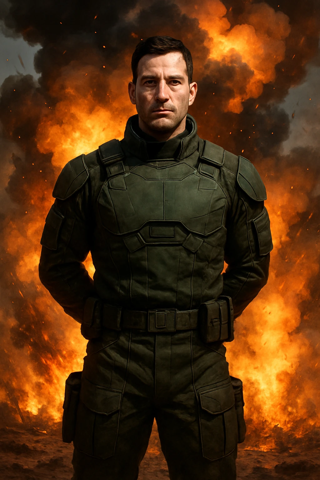 A man facing the camera, wearing dark green sci-fi military fatigues, standing with hands behind his back. Explosions and flames in the background, warzone atmosphere. emoji