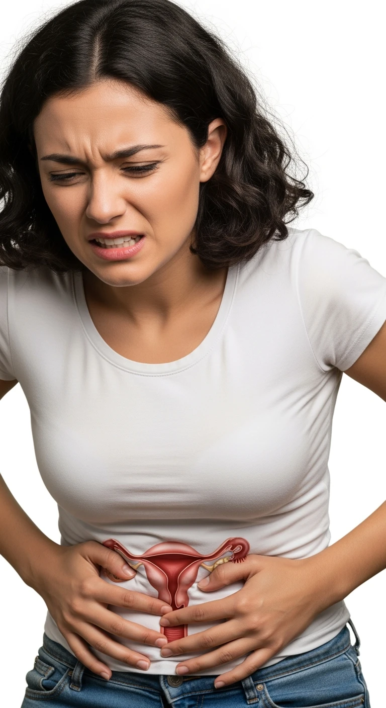 donna con utero umano realistico in evidenza dolorante, espressione di dolore in volto, sfondo bianco, non farla computerizzata, ma iperrealistica 4k emoji