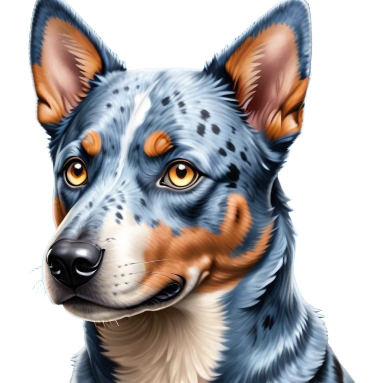 Cinematic Noble Blue Speckle Australian Cattle Dog Portrait Emoji, Poised and regal, with a robust, athletic build and a striking blue speckle Fur, piercing blue eyes, Simplified yet sharp and sophisticated features, highly detailed, glowing with a cool, dignified glow, high shine, intelligent and hardworking, stylized with an air of precision, focused and attentive, soft glowing outline, capturing the essence of a watchful and determined herder, so majestic it feels as though it could leap out of the screen with effortless authority! emoji