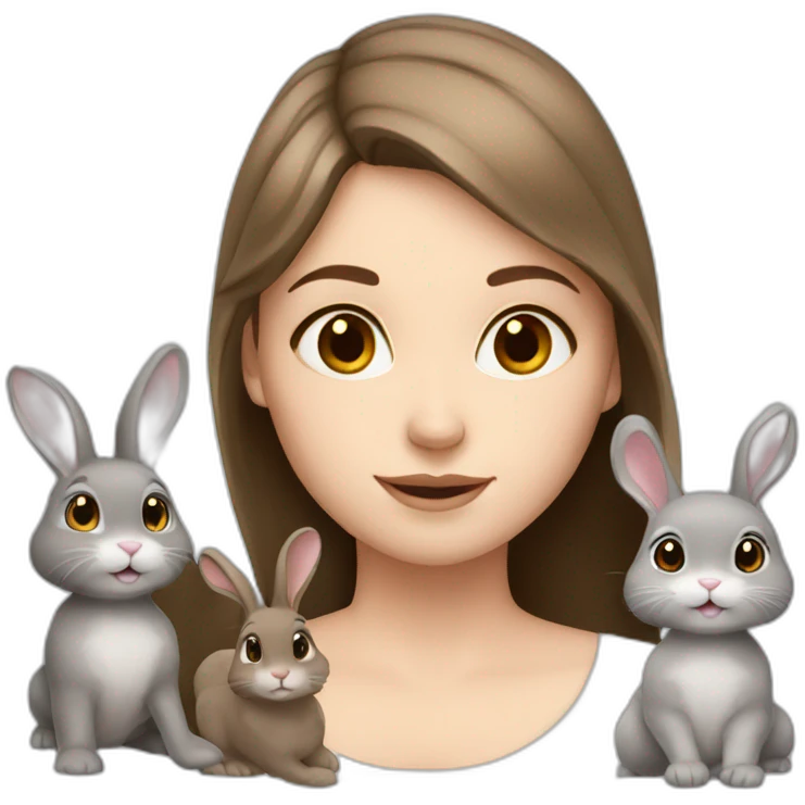 White Girl brown hair anD two Grey bunnies emoji