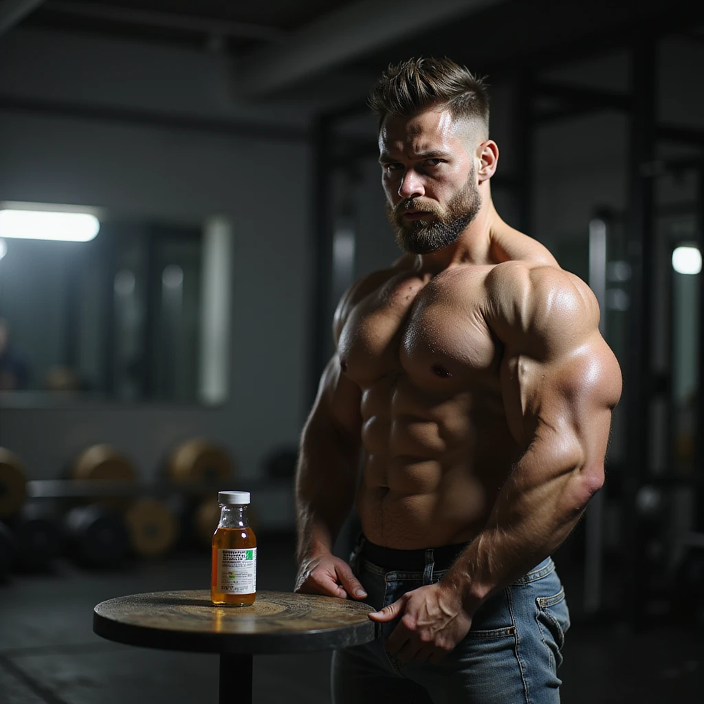 realistic muscular powerlifter with reflective look, bottle of anabolic steroids (AAS) in foreground, gym environment, atmosphere of doubt and temptation, isolated on white background emoji