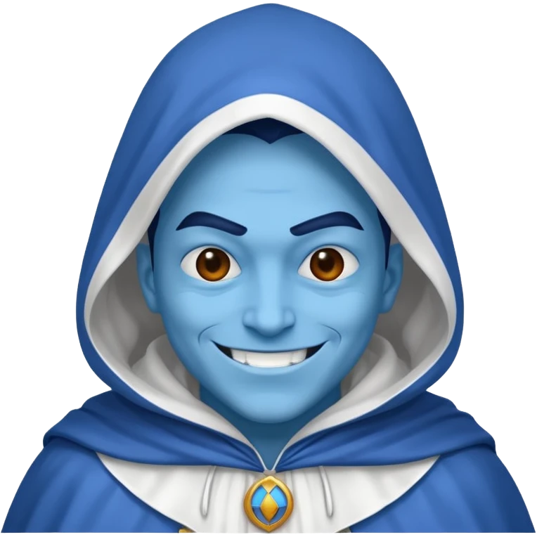 villain smiling with a white cloak, blue skin emoji