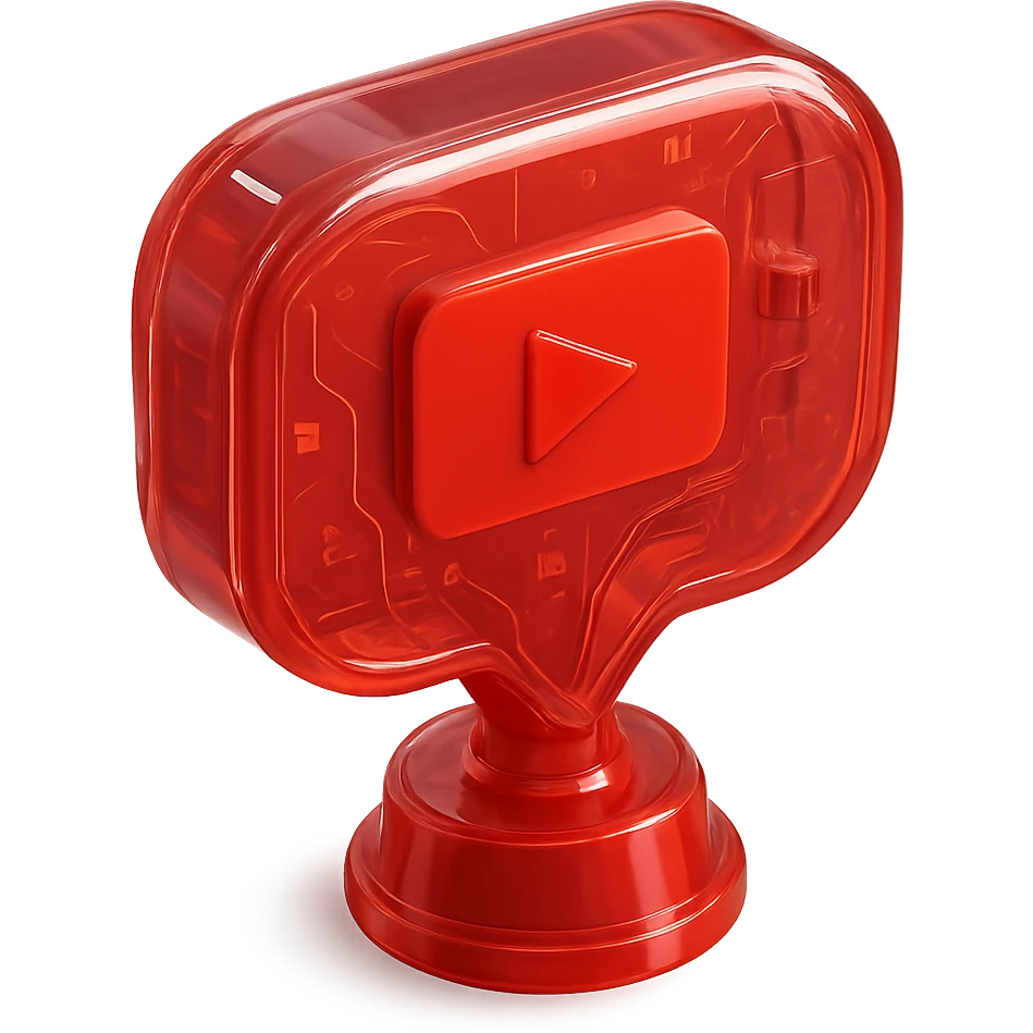red speech bubble with a red YouTube play button, like a trophy, glossy circuit style emoji