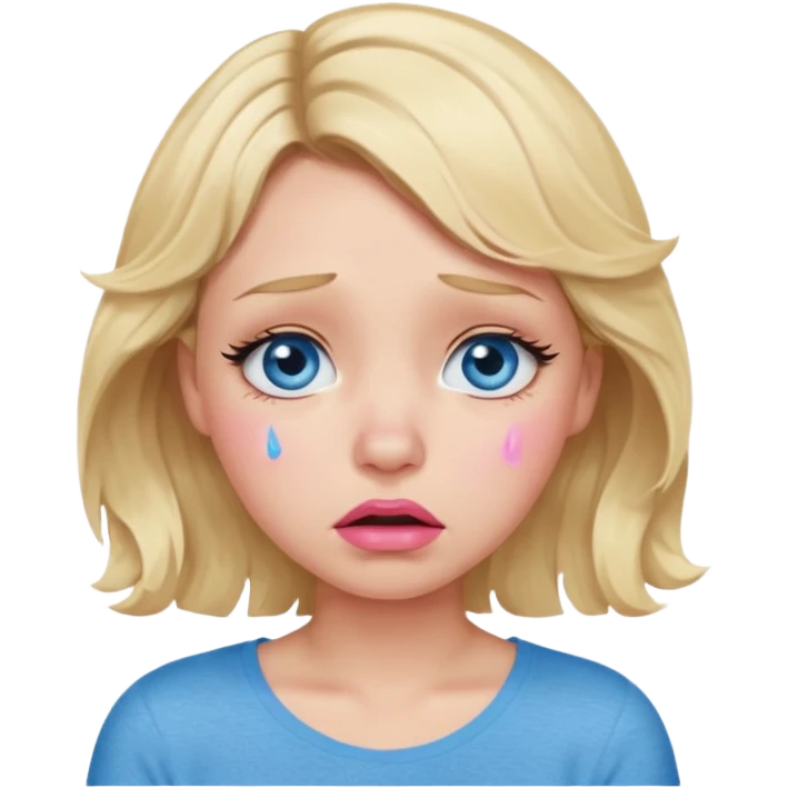 Girl Blonde short wavy hair,  blue eyes, cute blue top, long lashes, pink lips,crying with tears running down the face  emoji