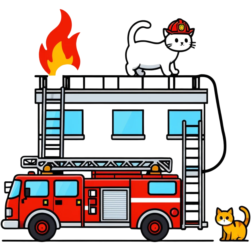 Fire truck with aerial ladder four firemen rescuing a cat emoji