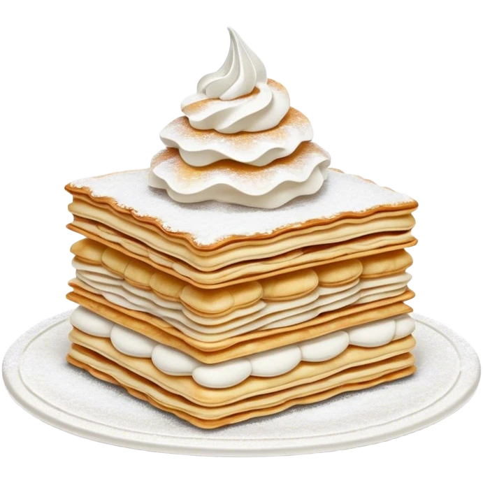 Cinematic Realistic Mille-Feuille Dessert Emoji, depicted as layered puff pastry with rich cream and a dusting of powdered sugar rendered with intricate textures and elegant, soft lighting. emoji