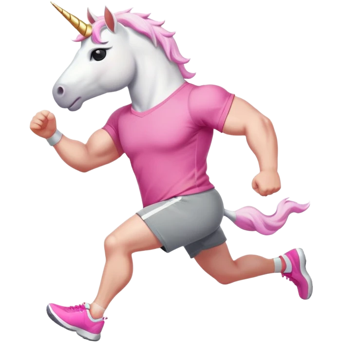 friendly anthropomorphised male white unicorn with a fit, chunky, muscular and strong physique, arms and legs matching the white of the head, in grey shorts and pink t-shirt, wearing dark sunglasses, jogging upright in a relaxed pose emoji