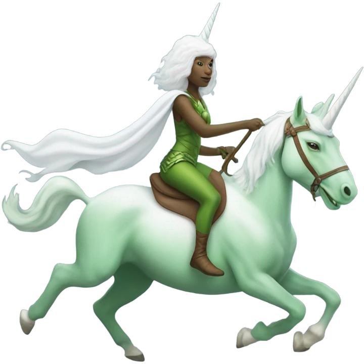a green amazon alien woman on a white unicorn emoji