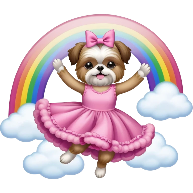Shih-tzu wearing fluffy pink dress jumping over a rainbow  emoji