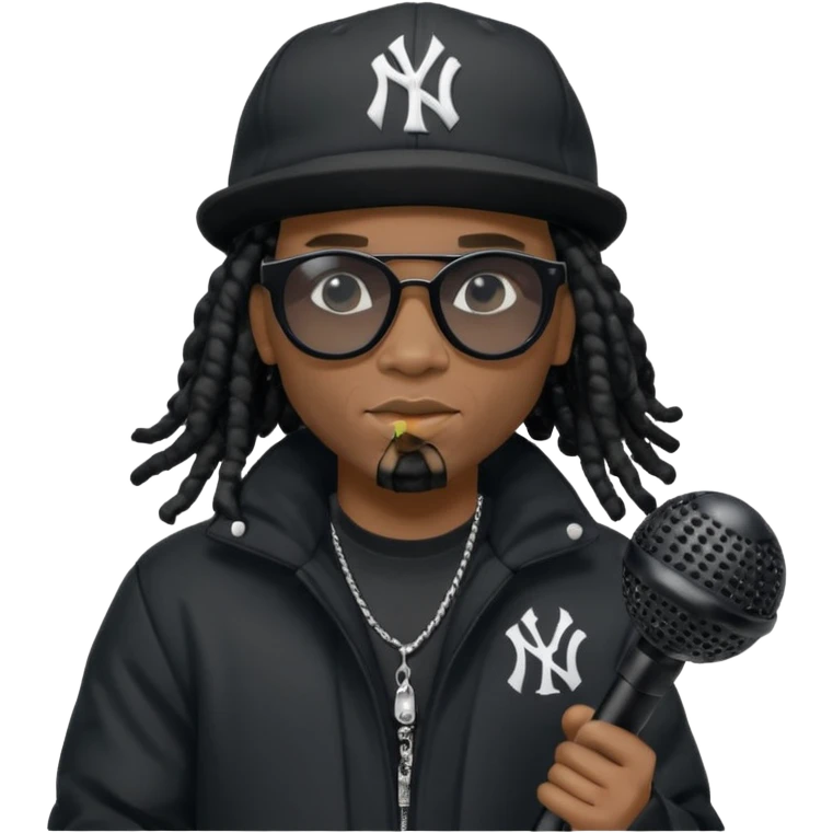 African American man with shoulder length black dreadlocks wearing black sunglasses with black bubble winter coat wearing black New York Yankees baseball hat rapping into a microphone emoji