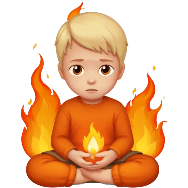 apple style emoji of a small child sitting sadly with fire around emoji