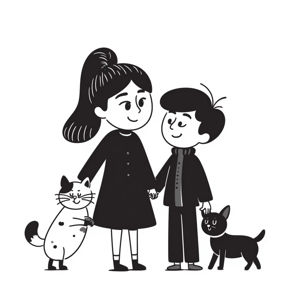 A girl with long brown hair holding the hand of a boy with black hair, both dressed in black, holding a cat and dog emoji