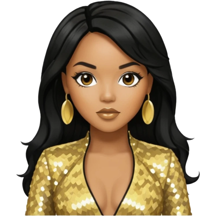 LeToya Luckett with long black hair, gold sequin outfit emoji