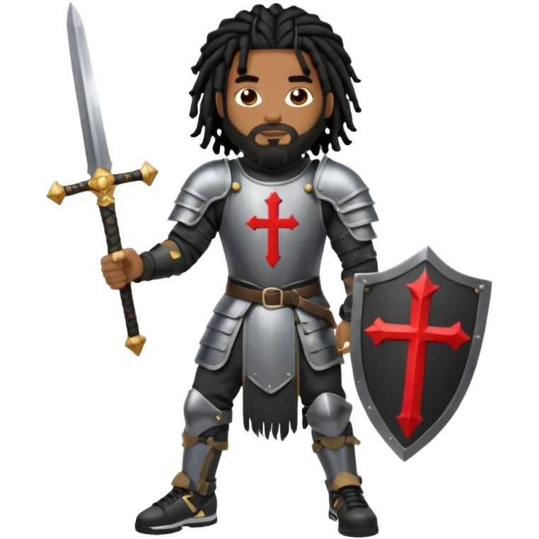 African American man with shoulder length black dreadlocks with black beard wearing knight body armor holding a double edge sword and a shield with a cross on it wearing black low top Air Force 1 sneakers emoji