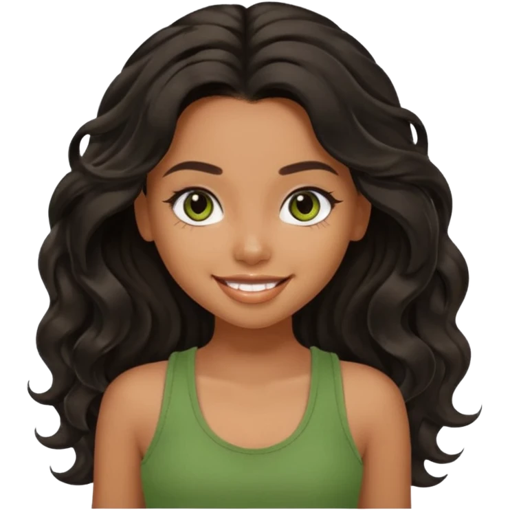 a pretty bratz brown girl with long wavy black color hair, brown eyes and green tank who is smiling emoji