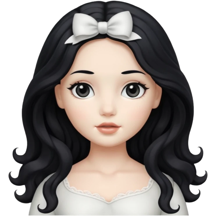 faça uma boneca branca, dos olhos pretos, cabelo preto longo com ondas leves emoji