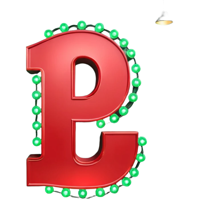 A 3D number 2 in a movie theater setting, shiny red surface; bright string lights on the number, the border is green with tiny string lights like stroke ; cinematic glow with subtle haze; glossy, premium Hollywood countdown look; centered composition. emoji