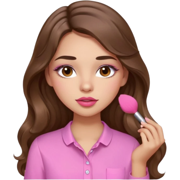 girl with long wavy brown hair, brown eyes, light to medium complexion, in a pink shirt, pink lips, long lashes, puckered lips, putting on blush emoji