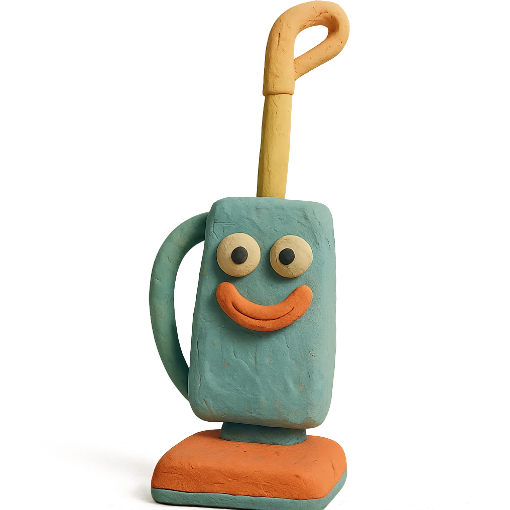 close-up of a playful upright vacuum with an expressive face in claymation style, pastel colors, detailed clay texture emoji