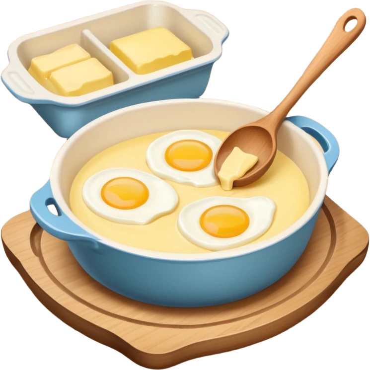A cream ceramic baking bowl with a wooden spoon in it, a carton of eggs and butter emoji