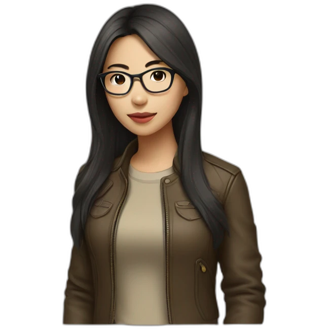 asian girl with glasses and a leather jacket with a  khaki shirt and long dark hair emoji