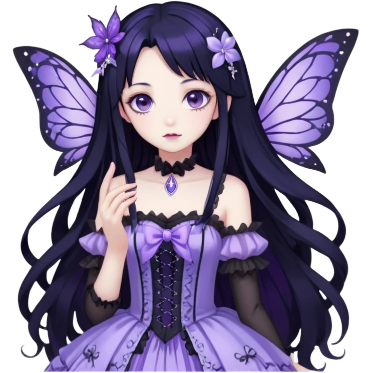 Gothic anime fairy with long beautiful black hair and violet dress, pastelcore, Lolita, aesthetic, beautiful, pretty, amazing, epic, gorgeous, sparkly emoji