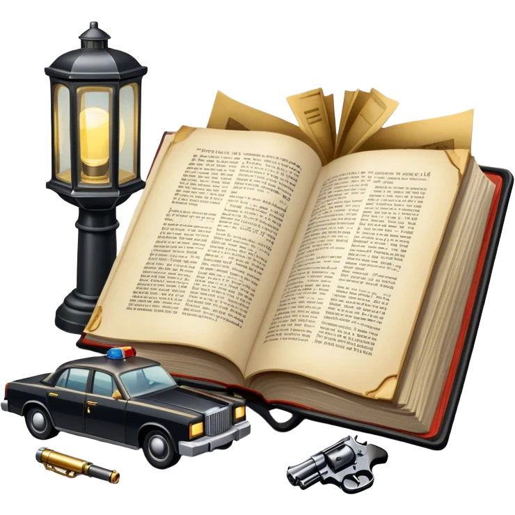 Icon for Action & Crime Reading: an open book with dramatic crime scenes—bullet holes on pages, a detective badge, a revolver and a getaway car. Surrounding elements include a flickering streetlight. Transparent background. emoji