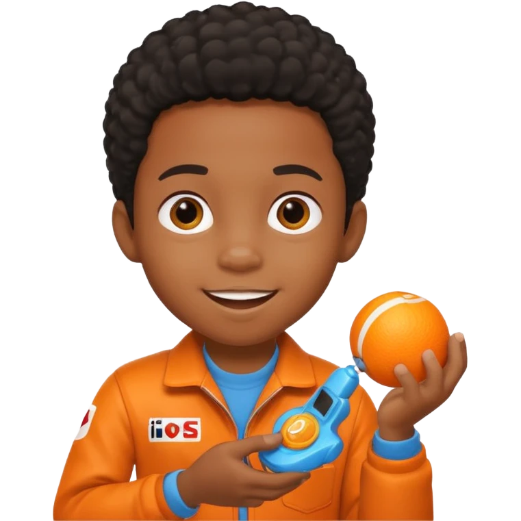 black kid playing orange formula 1 toy emoji