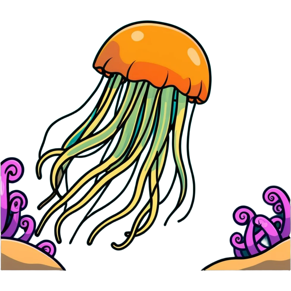 threatening glowing jellyfish with poisonous tentacles about to sting a surprised swimmer in the sea emoji