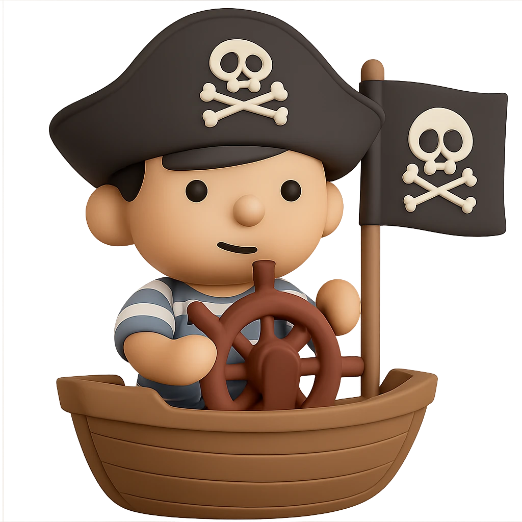 An adorable little pirate with a tricorn hat and striped shirt at the helm of a small pirate ship emoji