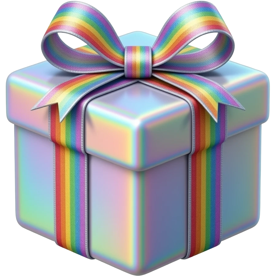 Hyperrealism wrapped gift, with a realistic, ultra detailed,holographic prismatic rainbow glitter 2D style ribbon, no emoji icons, no emoji faces, isolated  emoji