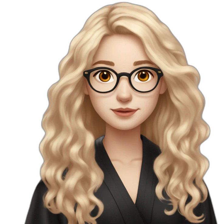 British white skin teenage girl very long wavy flax colored hair amber eyes rose gold round glasses white shirt black robe emoji