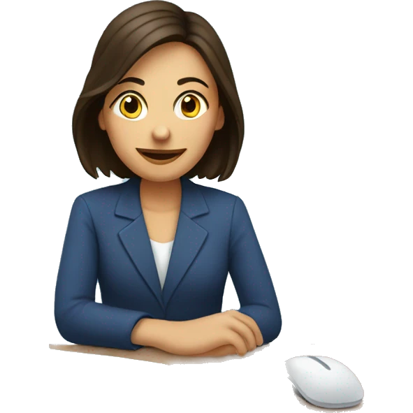brunette sitting at laptop against blue circle background emoji