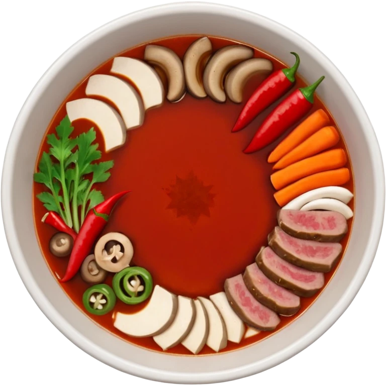 A hot pot emoji in top-down view. The pot is divided into two sections: one with spicy red broth filled with chili peppers, and one with mild white broth. Surround the pot with rolled slices of meat, vegetables, and mushrooms.The meat outside the pot emoji