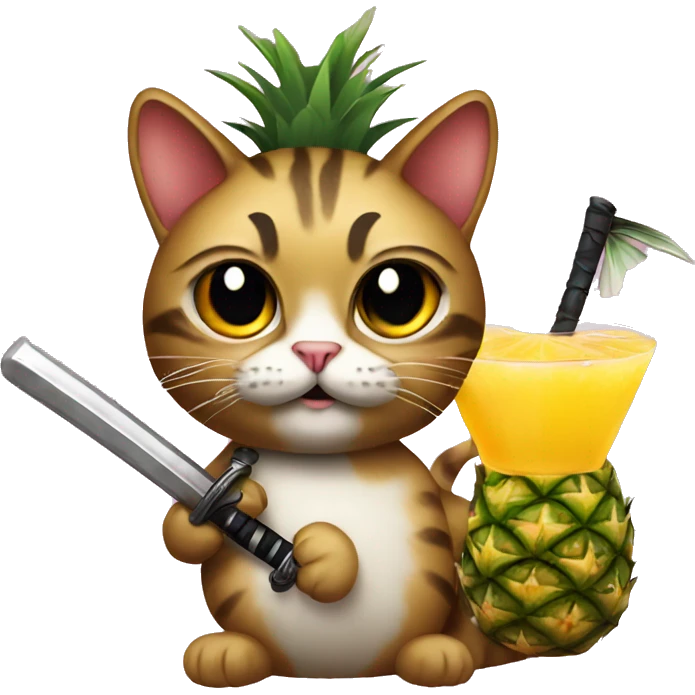 Cat with pineapple cocktail with Katana  emoji