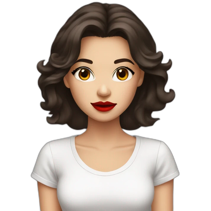 Dark hair brown eyes red lipstick white t-shirt emoji