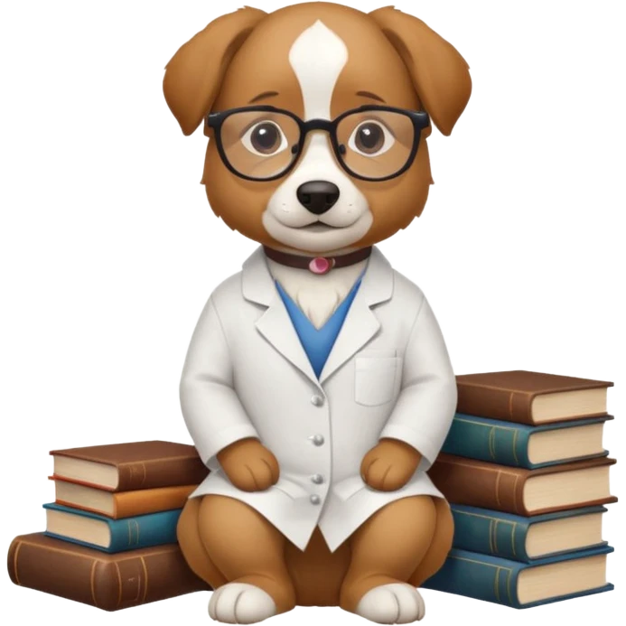 Wise dog with glasses, wearing a lab coat, perched on a stack of books. emoji