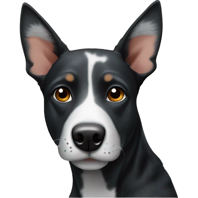 Black cattle dog with pointy ears and white stripe down nose  emoji