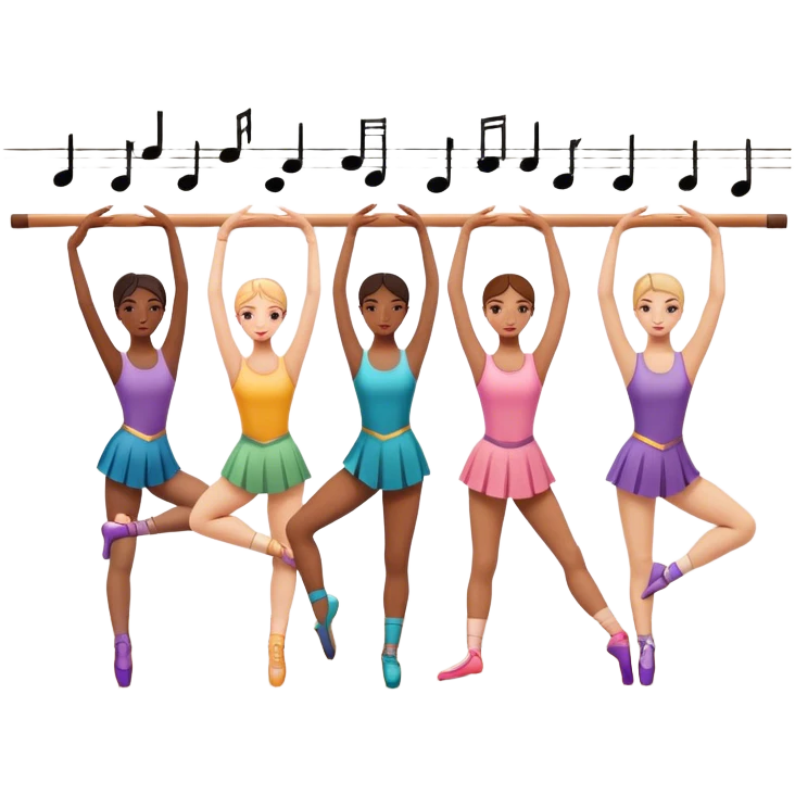 Icon for Choreography: a group of dancers stretching by the wall in a dance studio, with a dance barre, metronome, and musical notes in the background. The icon should represent training, discipline, and teamwork in choreography. Transparent background. emoji