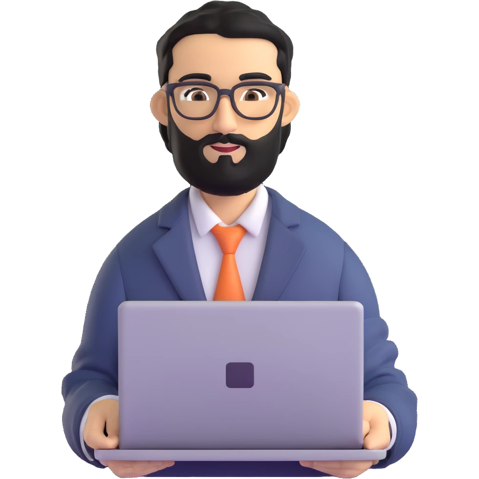 man with medium black beard, black hair, connected unibrow, olive tan skin, brown eyes, glasses, prominent long nose, wearing casual business attire, holding a laptop emoji