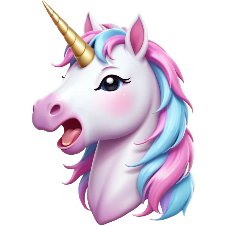 Cinematic Cute Yawning Unicorn Pony Portrait Emoji, Head tilted slightly with a dramatic, wide-open yawn, showcasing a petite, softly glowing form with a gently drooping mane, a subtle, shimmering horn and sleepy, half-closed eyes, Simplified yet irresistibly adorable features, highly detailed, glowing with a soft, cozy pastel glow, high shine, relaxed yet expressive, stylized with a dash of whimsical enchantment, soft glowing outline, capturing the essence of a drowsy yet affectionate unicorn pony that appears ready to stretch and yawn its way off the screen! emoji