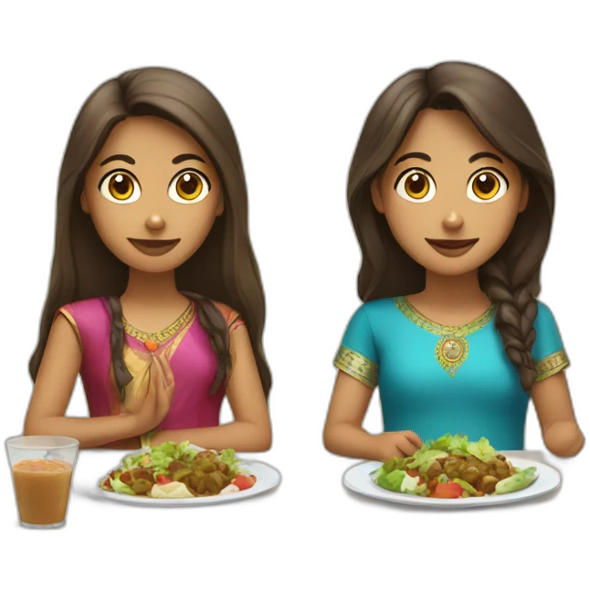 Indian girl with brown hair and indian girl with brunette hair eat lunch emoji