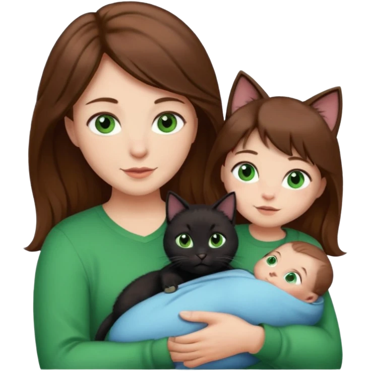 1 mom brown hair, 1 dad, 1 baby and 1 black cat emoji
