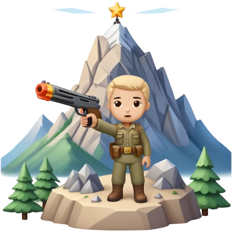 Little character holding a toy gun aiming at a mountain with tiny figures on it emoji